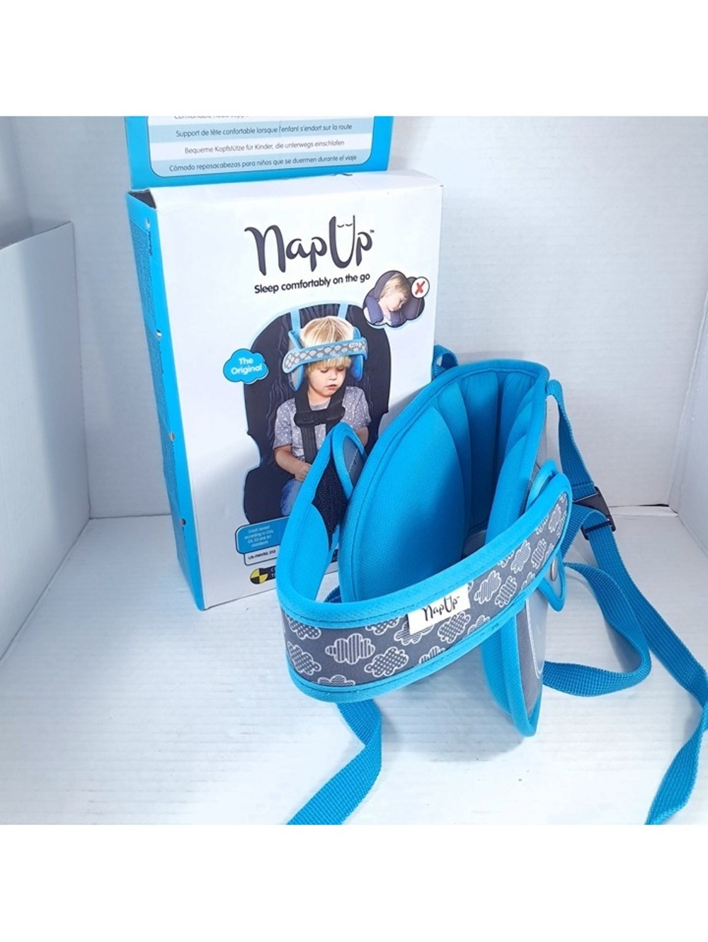 Nap Up car Seat Head Restraint original Upright support napup teal grey clouds